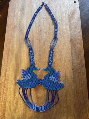 Handcrafted Blue Beaded Swan Statement Necklace
